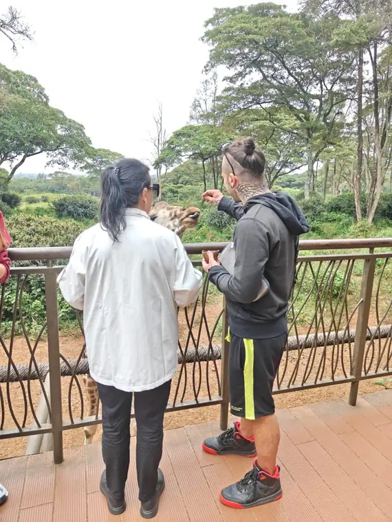Guests meeting the giraffes at the feeding platform