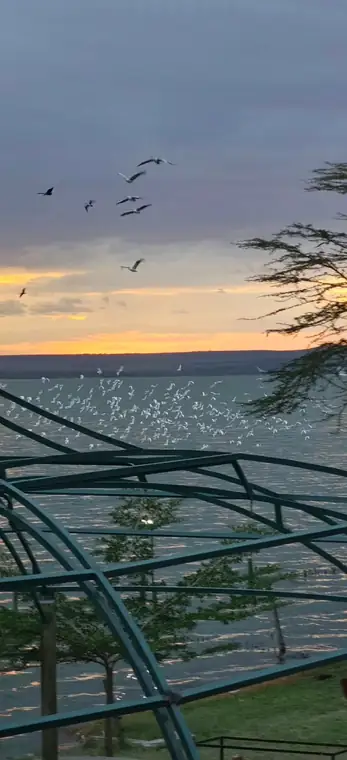 Sunset over the lake from the lodge terrace